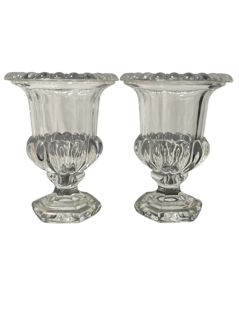 Set X 2 Unmarked Clear Glass Pedestal Vase Fluted Ribbed Scalloped Classic Decor